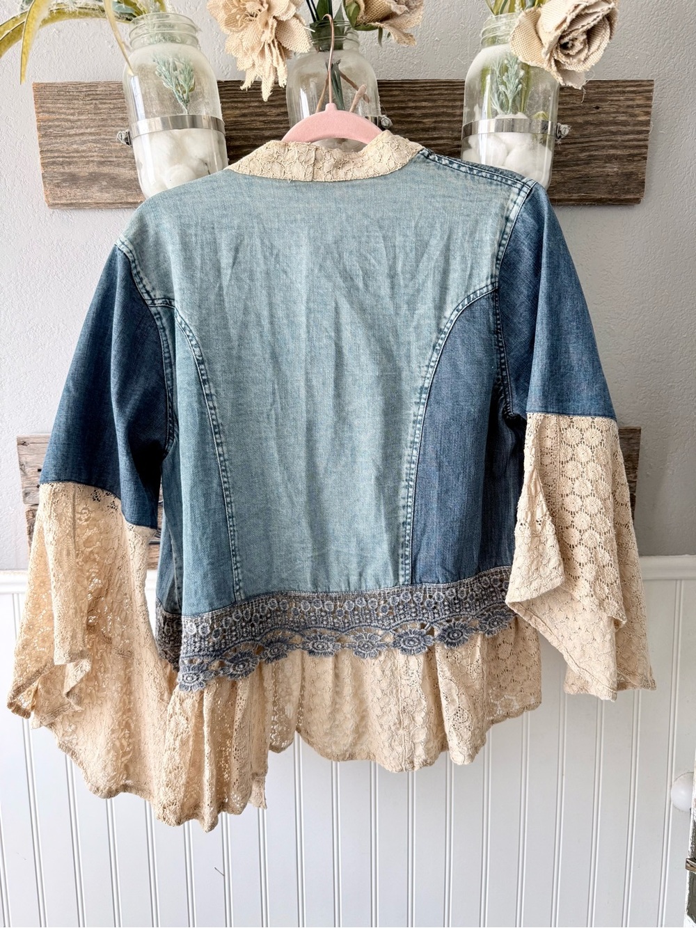 Frayed Lace-Trim Denim Jacket - Blue and Cream - Picture 10 of 10